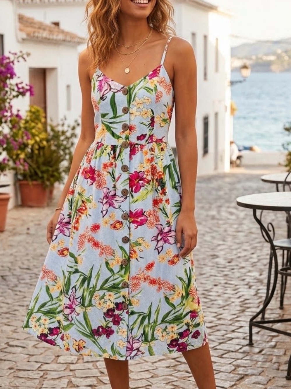 Floral Button-Front Summer Sundress - Blue
